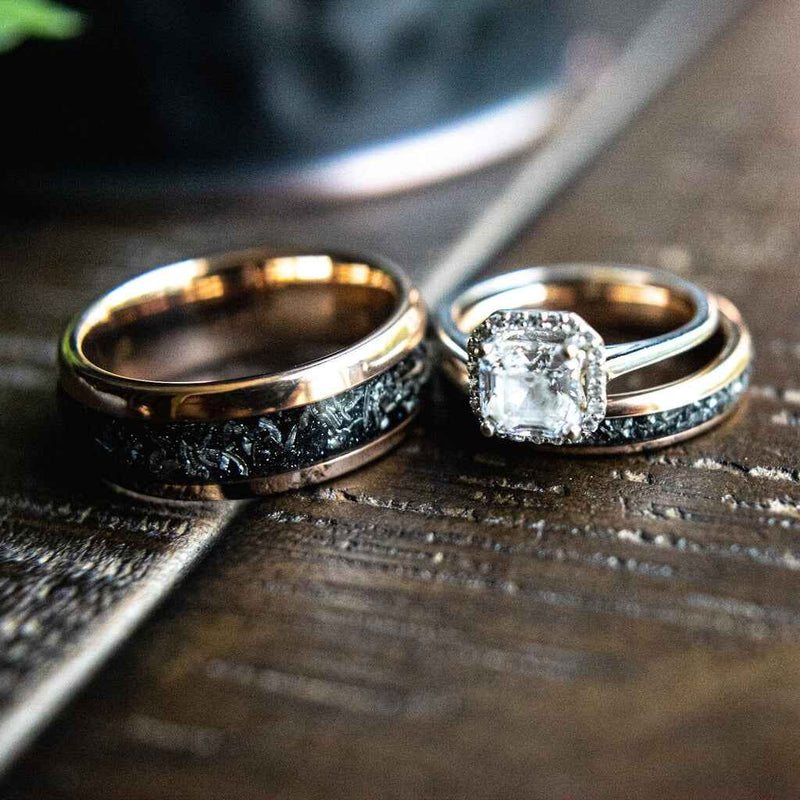 Meteorite Wedding Ring Set with Rough Diamond